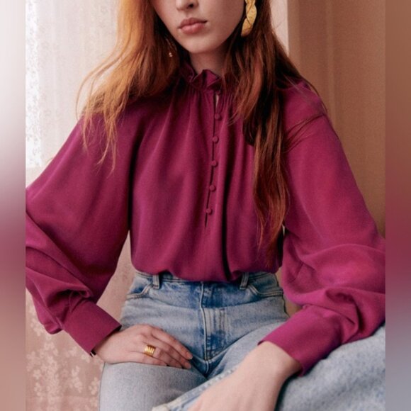 NWT Sezane Loubna Blouse Silk Long Sleeve Top - Picture 1 of 9